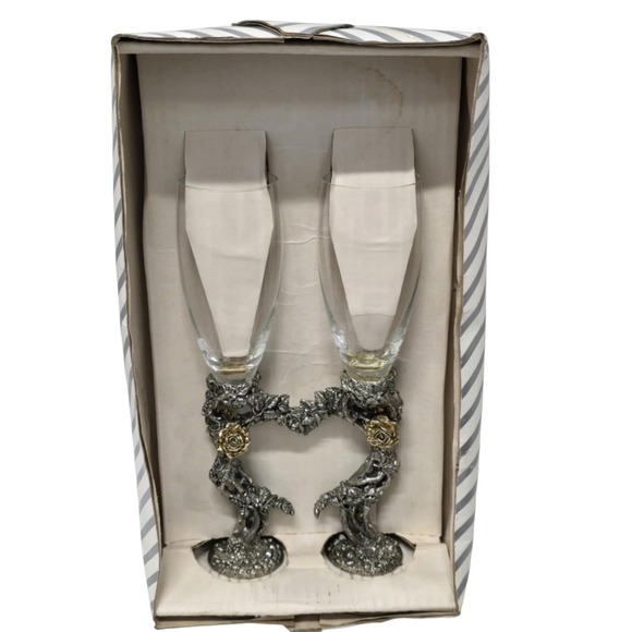NIB Fellowship Foundry Pewter &  Glass Champagne Flutes SET OF 2 - Picture 9 of 10
